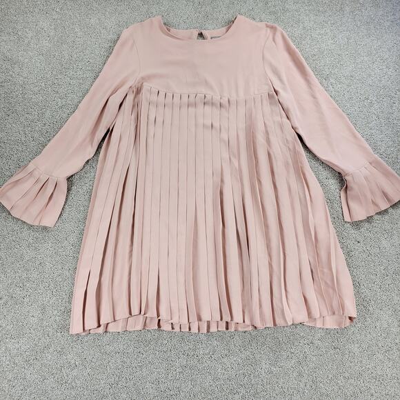 ASOS Womens Trapeze Dress 12 Pink Pleated Empire Waist Keyhole Bell Sleeve Mini - Picture 1 of 13